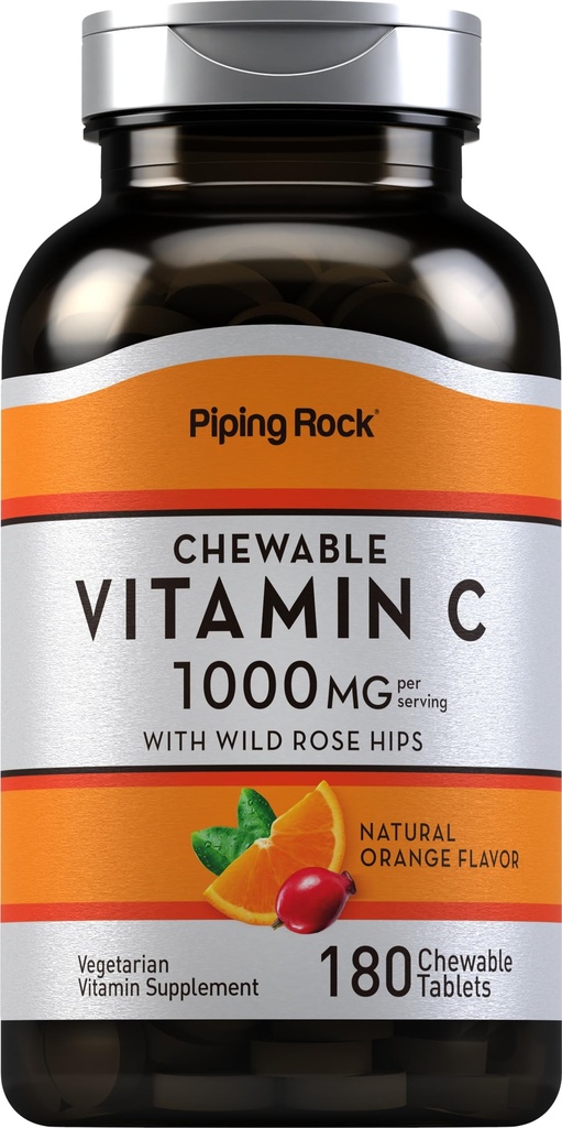 Piping Rock Vitamin C 1000mg Chewable Tablets | 180 Count | Supplement for Adults with Rose Hips | Orange Flavor | Vegetarian, Non-GMO, Gluten Free
