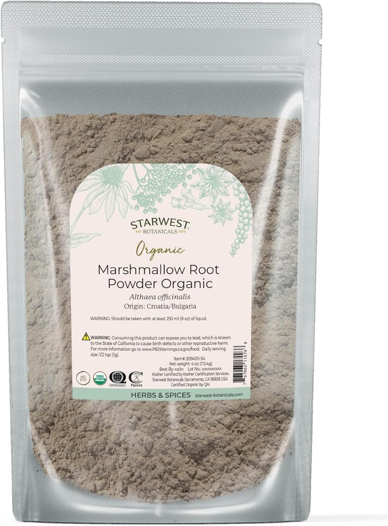 Starwest Botanicals Organic Marshmallow Root Powder - 乾燥ハーブティー、カプセル、ハーブブレンド、認定コーシャ、非GMO - 4 oz ポーチ
