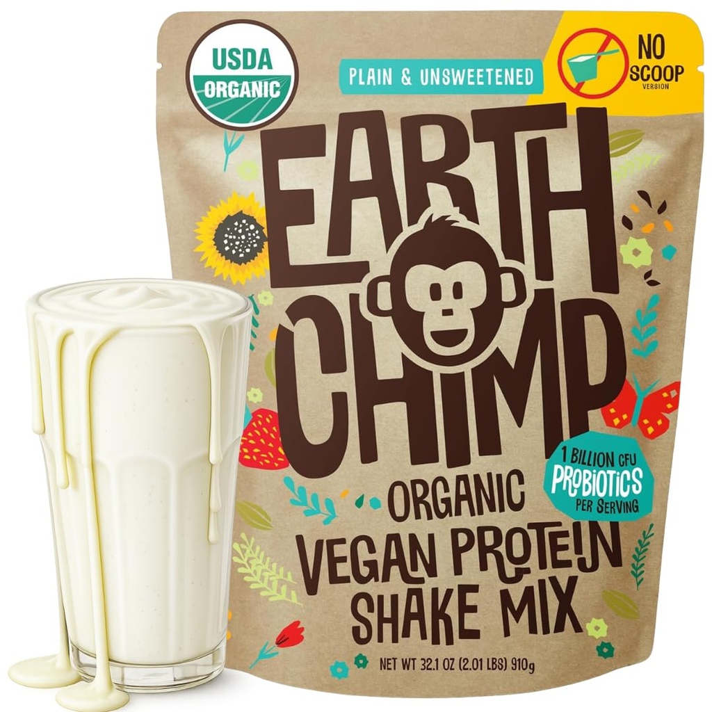 EarthChimpオーガニックビーガンプロテインパウダー - プロバイオティクス付き - 非GMO、酪農場無料、非乳製品、女性と男性のための植物ベースのプロテインパウダー、グルテンフリー - 26 サービング32 Oz(プライン&Unsweetened)スコップなし