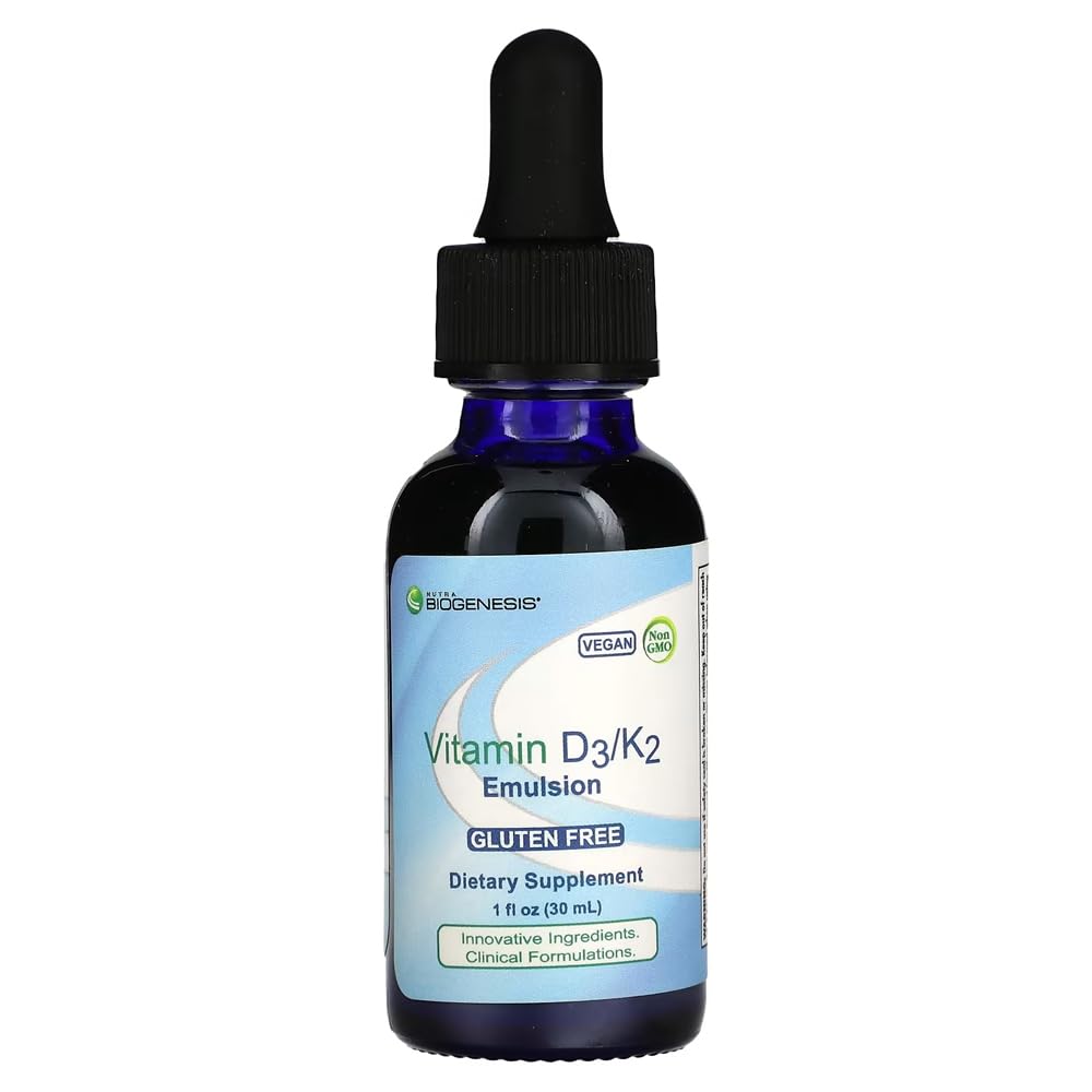 Nutra Biogenesis Vitamin D3 / K2エマルジョン - MCTオイル、大人と子供のためのD3 K2サプリメント、女性と男性のための皮下油ドッパー - 1 Fl Ozボトル(30ml)