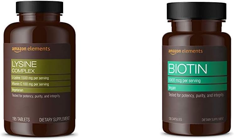 ビタミンC(1500mg L-Lysine with 100mgビタミンC / サービング - 3錠)、免疫健康、ベジタリアン、195カウント(パッケージングは異なる場合があります)、および要素ビーガンバイオチン5000 mcg - 髪、皮膚、爪、130カプセル(4ヶ月の供給)をサポート(パッケージングは異なる場合があります)