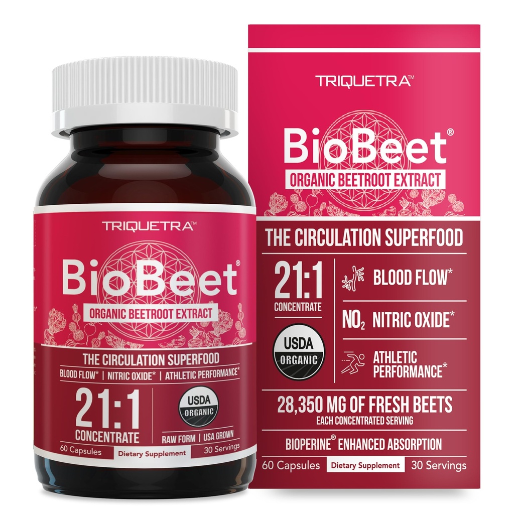 BioBeet® 最大強度ビートルートカプセル - 21:1 コンセントレート、28,350 mg有機ビートルートから派生する各サービング - BioPerine®ブラックペッパーエキス(60カプセル)による吸収強化