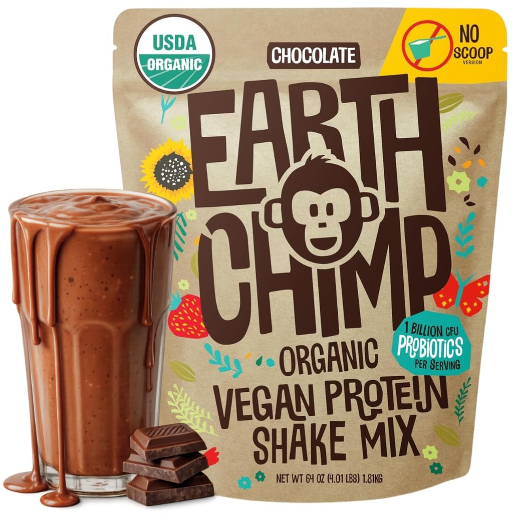 EarthChimpオーガニックビーガンプロテインパウダー - プロバイオティクス付き - 非GMO、乳製品無料、非乳製品、女性と男性のための植物ベースのプロテインパウダー、グルテンフリー - 52のサービング64オズ(チョコレート)ノースコープ