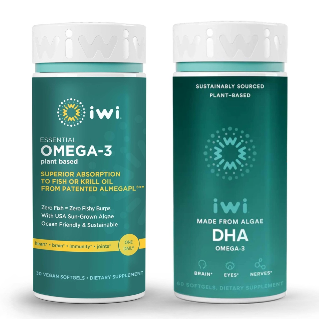 Iwi Omega-3 エッセンシャル & DHA Omega-3 バンドル, 30 サービング, ビーガン植物ベースの藻オメガ 3, キル & 魚油代替, 魚介類の後味なし