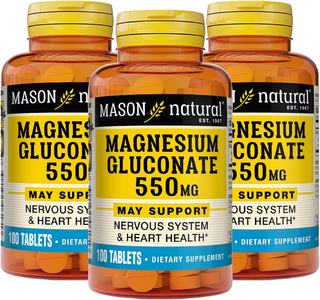 メイソンナチュラルマグネシウムグルコネート550mg、通常のヘルシーハートと神経系サポートのための300日の供給、100錠(パック3)