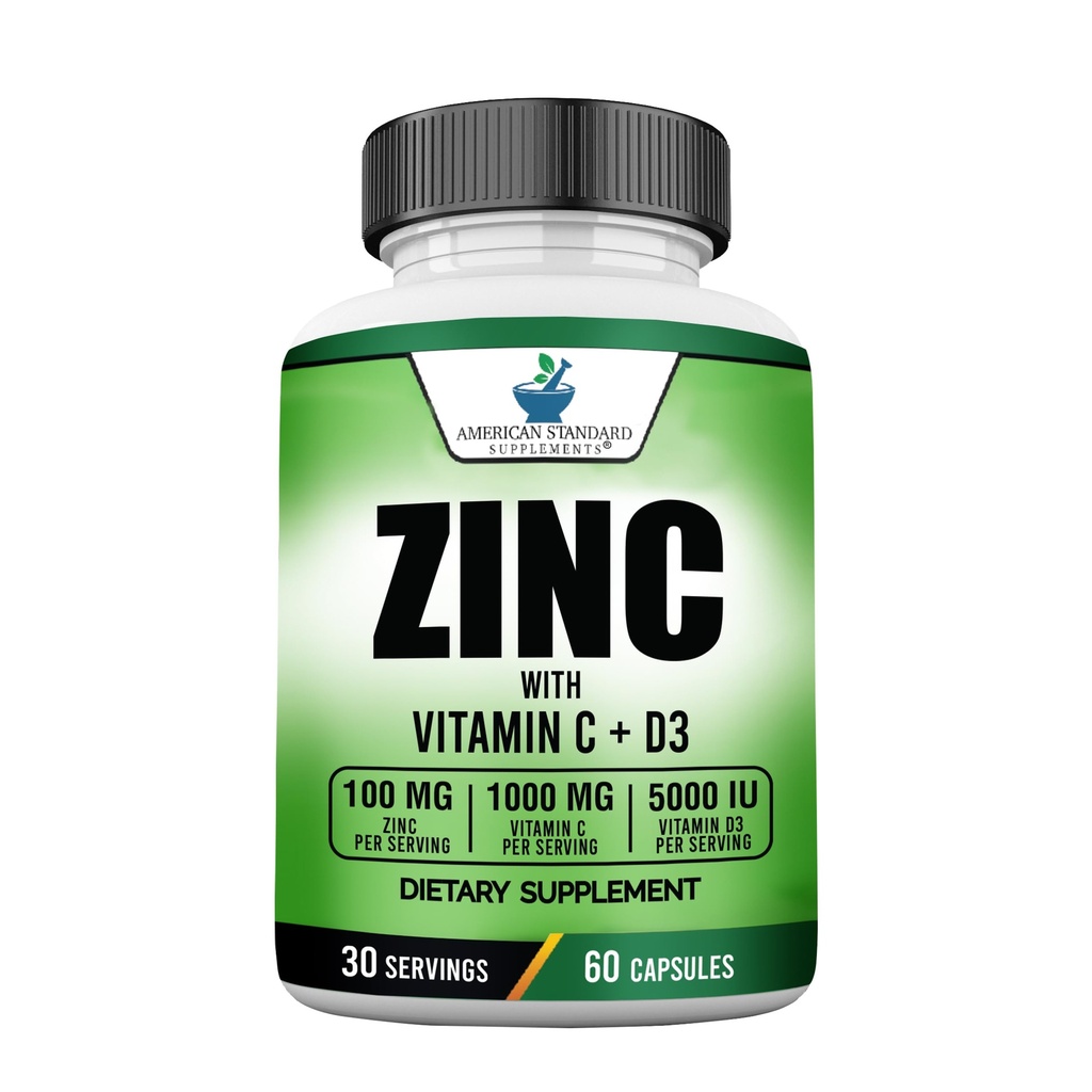 アメリカンスタンダードは、亜鉛100mg、ビタミンC1000mg、ビタミンD3 5000 IU(125mcg)をサービングごとに補う - グルテンフリー、非GMO、60カプセル、30サービング