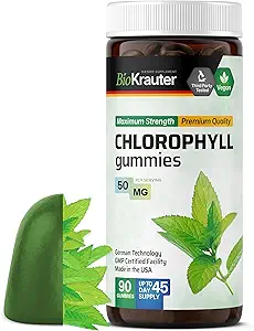 BIO KRAUTER Chlorophyll グミ - 90 咀嚼 - Chlorophyll サプリメント - ナチュラル スキン&デトックス サポート - ビーガン、ペクチン ベースの、非GMOシウズ