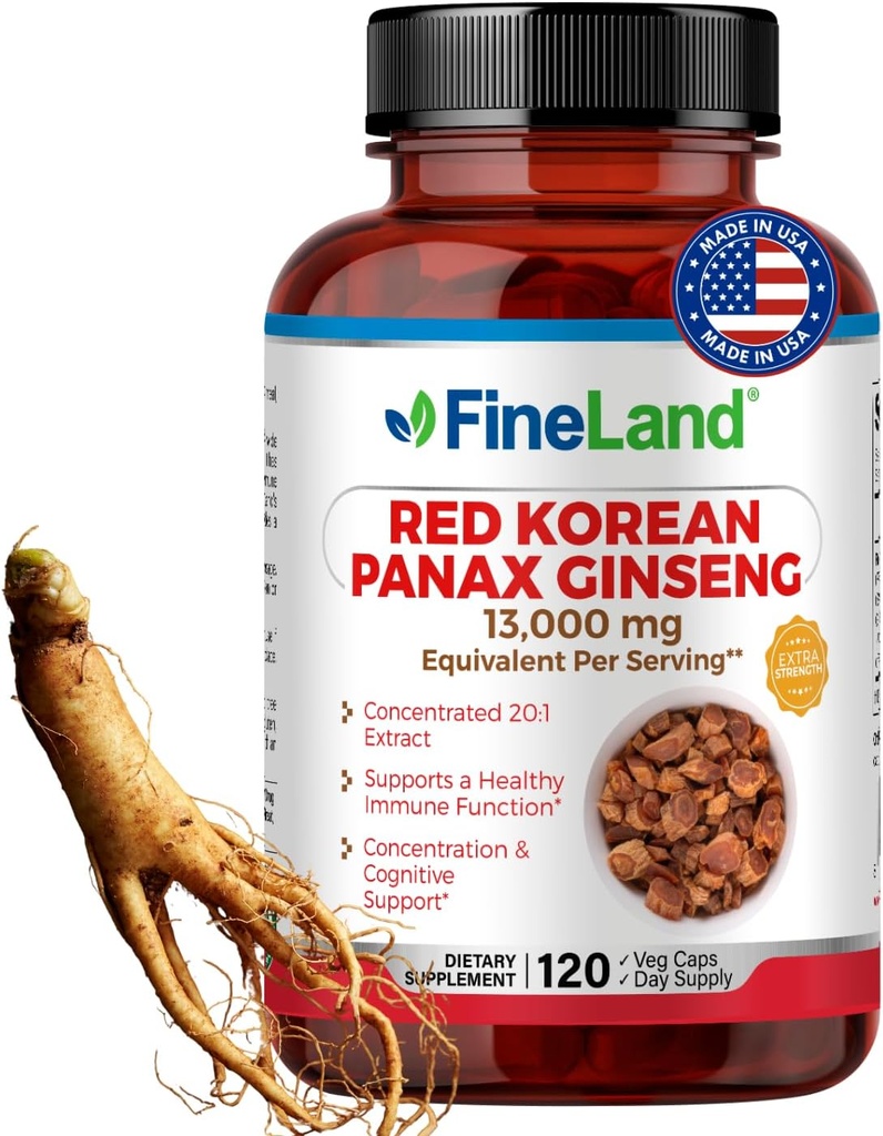 FineLandの赤い韓国のPanaxのGinseng 13,000のmg -最高の強さ20:1のエキス-人の及び女性のための集中された免疫及び認知サポート補足- 120のVegagieのカプセル
