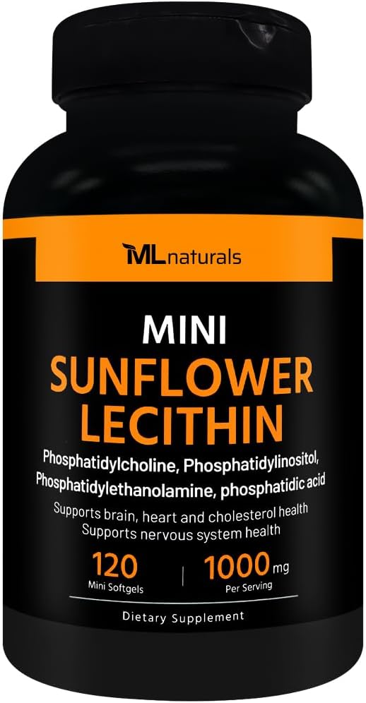 MLナチュラルミニひまわりレシチン1000mg 120Softgels、簡単にスワロー、脳の健康をサポートします。 非GMO、NSF認証およびcGMP準拠