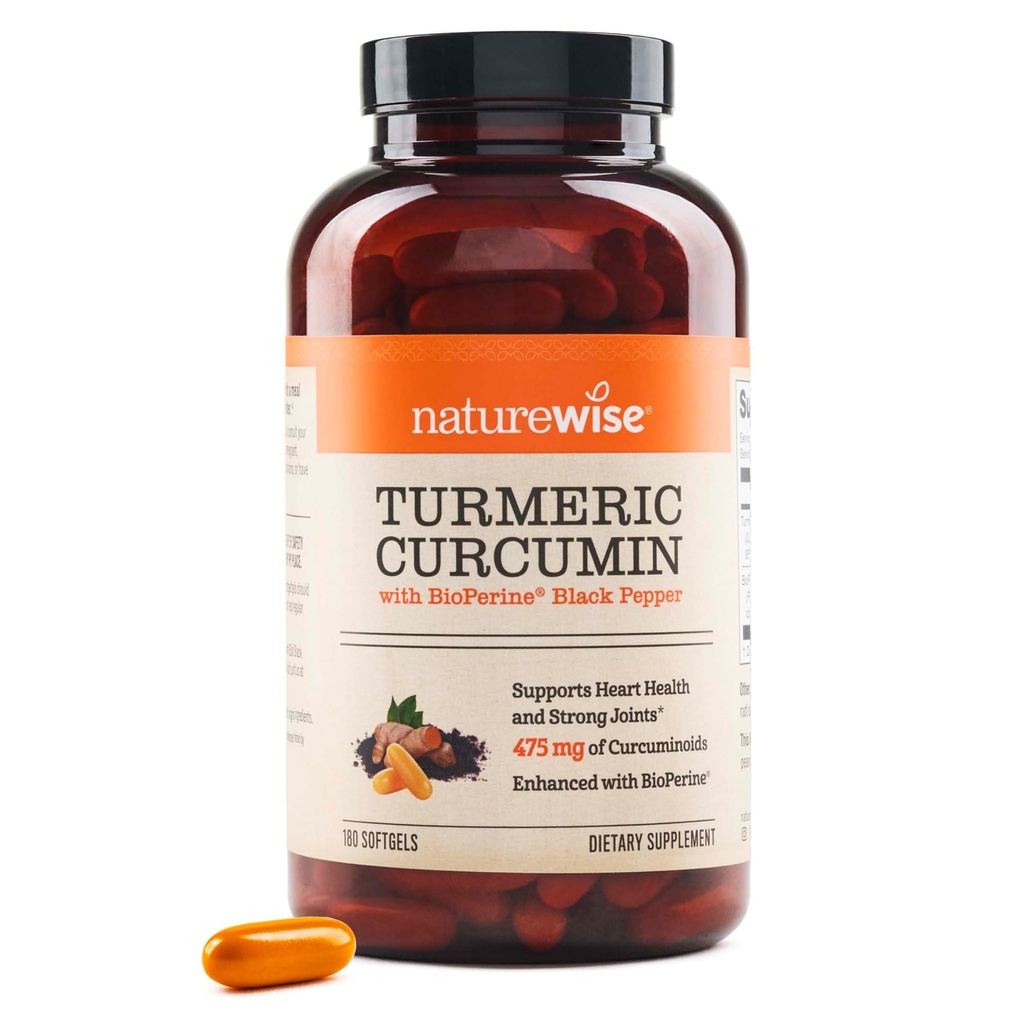 NatureWise ターメリック クルクミン 500mg と ブラックペッパー ソフトゲル - 余分な強さ、高められた吸収 - 95% のクルクミノids 及び免疫サポートのためのBioPerine - グルテンフリー、非GMO - 180 カウント[6-Month 供給]