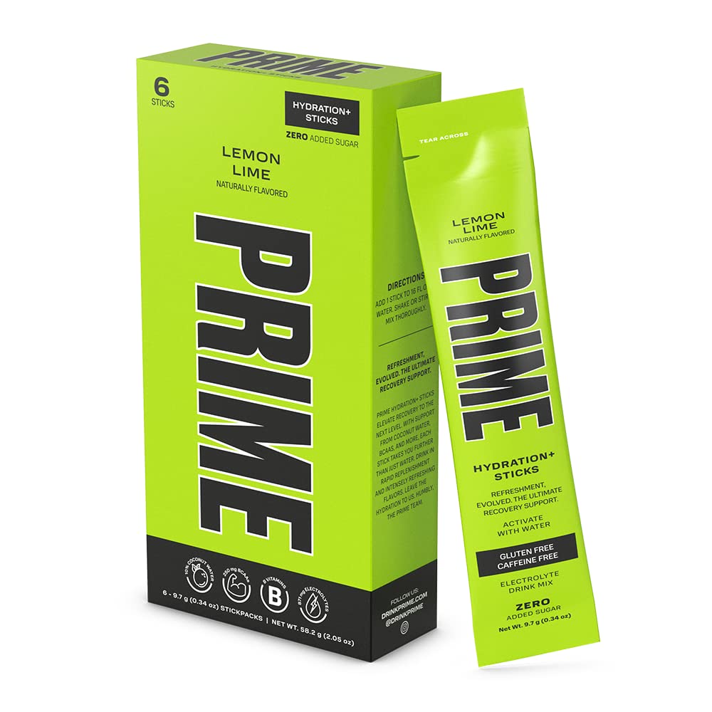 PRIME HYDRATION+ スティック レモンライム | 水分補給パウダー シングル サーブスティック | 電解質パウダー オン ゴー | 低糖 | カフェインフリー | ヴィーガン | 6 スティック