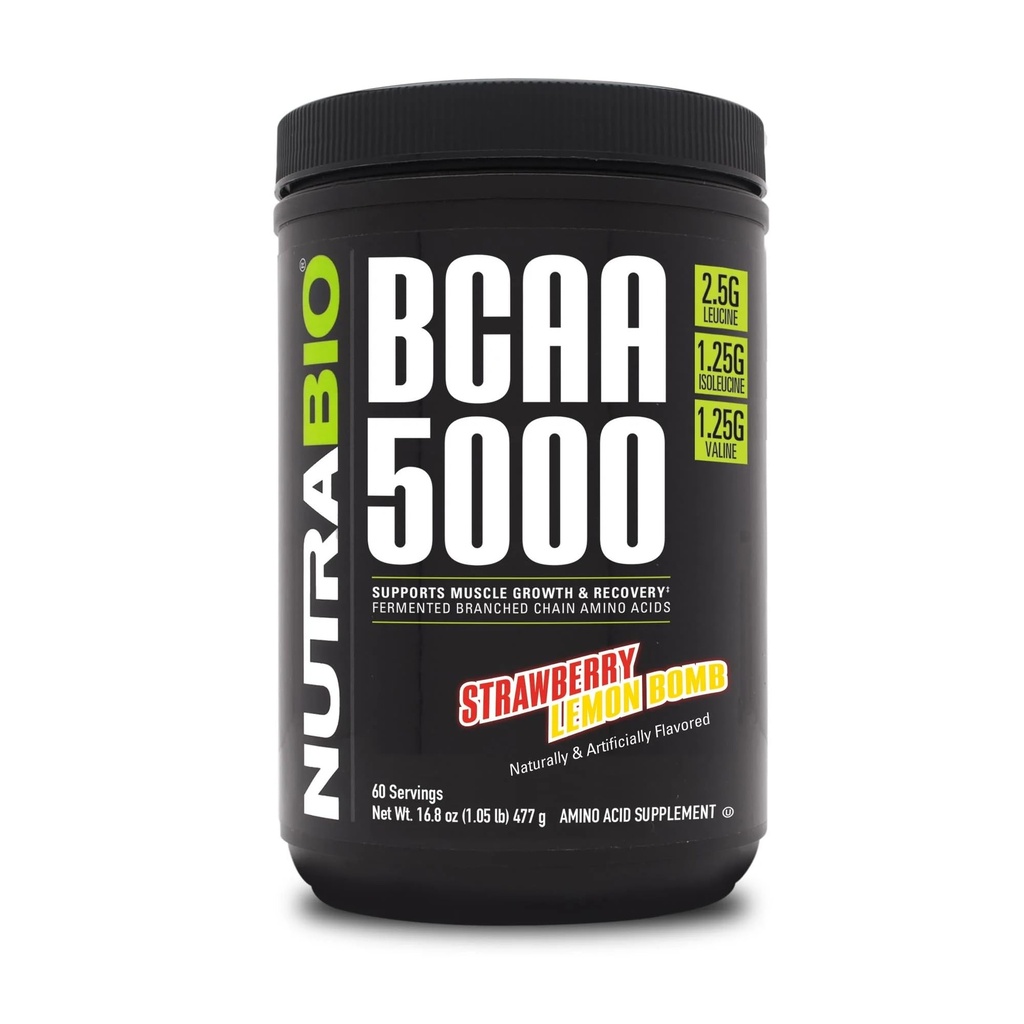 NutraBio BCAA 5000パウダー - ビーガン発酵BCAA - リーンマッスル成長をサポート, 回復, 耐久性 - 60 サービング - イチゴレモン爆弾