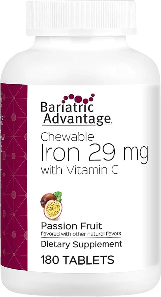 Bariatric Advantage Chewable Iron 29 mg - for Bariatric Surgery Patients - Iron with Vitamin C - No Iron Taste - Ferrous Fumarate & Carbonyl Iron Supplement - Passion Fruit - 180 Count
