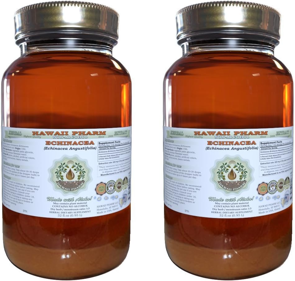 Echinacea アルコールフリー液体エキス、Echinacea (Echinacea Angustifolia) ドライ ルート グリセライト ハワイ ファーマー ナチュラル ハーブ サプリメント 2x32 oz ろ過されていない