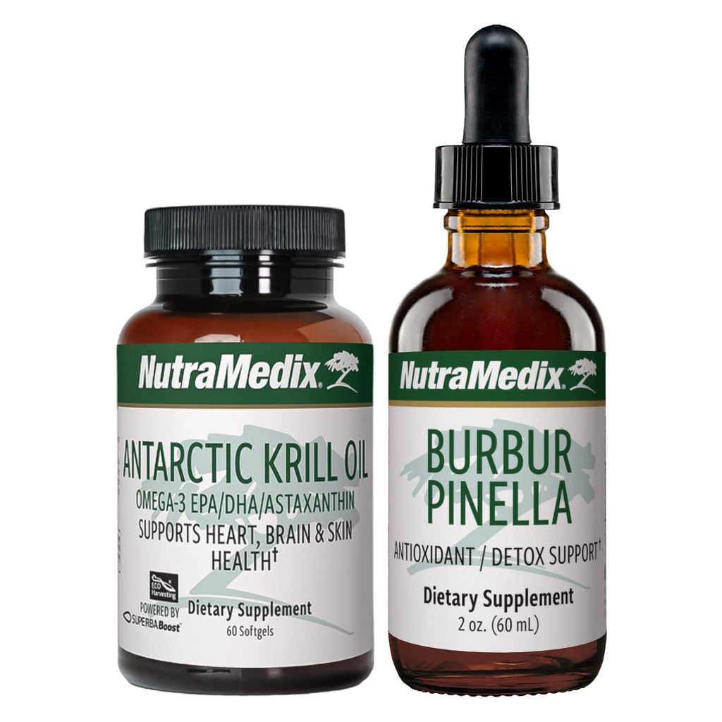 NutraMedix Brain Support Bundle - Includes Artic Krill Oil Softgels and Burbur Pinella Liquid Drops for Cognitive Health, Detox and Brain Support - 2-Piece Supplement Set for Cognitive Support