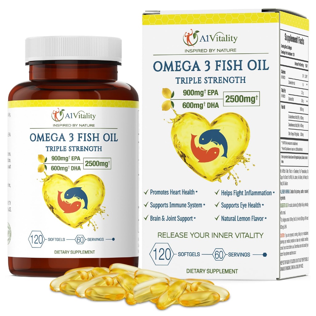 オメガ3トリプル強度EPA DHAサプリメント - 2500mgレモン風味バープレスフィッシュオイル - 高効力900mg EPA 600mg DHAは、循環、脳、心臓、目、皮膚、骨、関節をサポート - 120Softgels