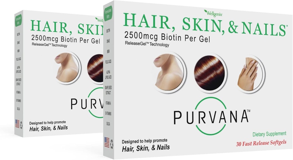 WellgenixのPurvanaの毛、皮および釘のビタミン - 高吸収のためのSoftgels -二重強さ2500mcgのBiotin、VIT A及びB (30の計算)(パッケージ2)