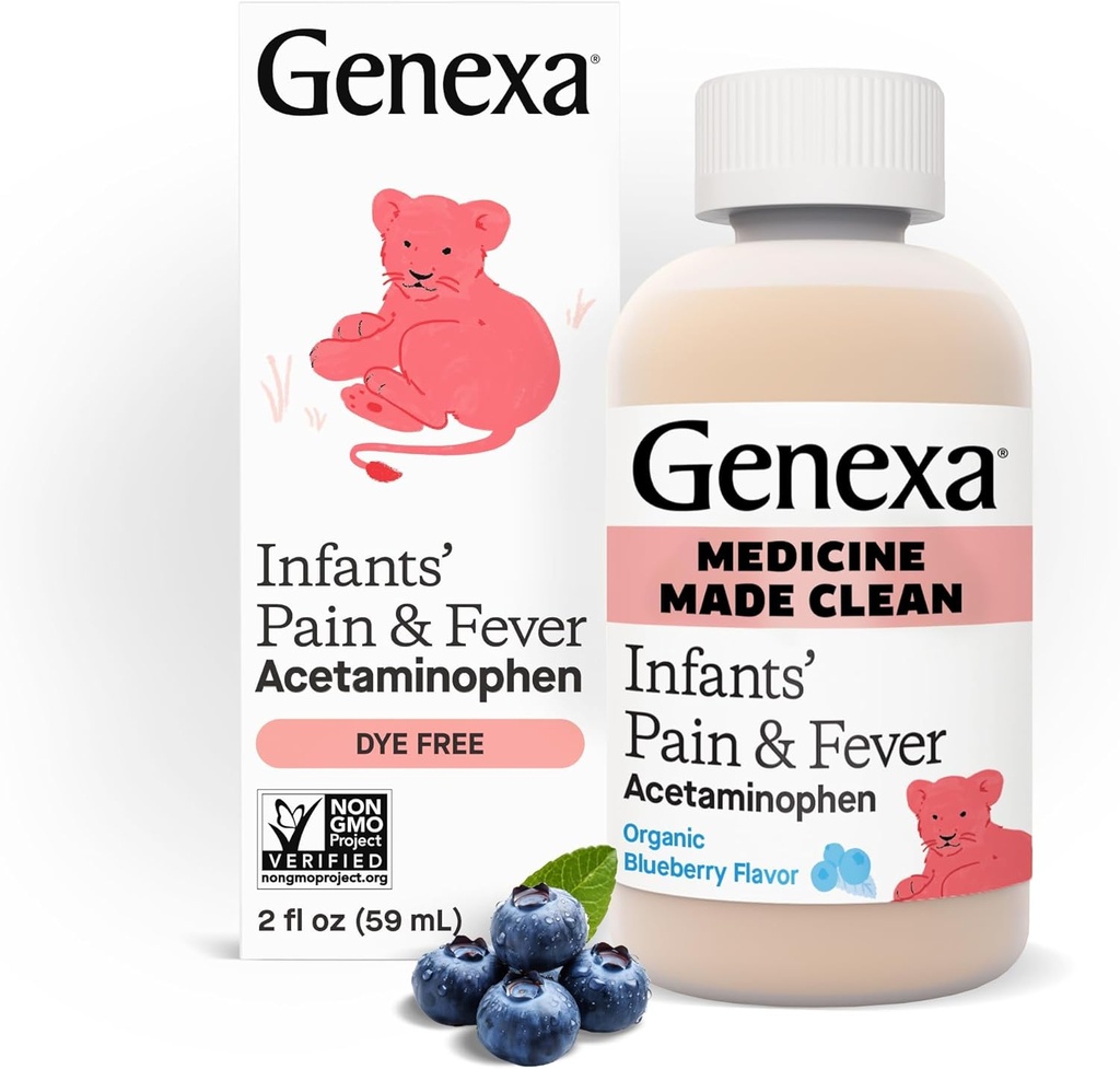 Genexa Infants' Clean Acetaminophen | Pediatrician Preferred Ingredients | Pain Reliever & Fever Reducer for Babies | Dye Free, 0% Artificial Additives | Delicious Organic Blueberry Flavor, 2 fl oz
