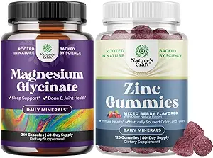 Bundle of Pure Magnesium Glycinate 400mg Per Serving for Mood Sleep and Relaxation 240ct and Extra Strength Zinc Gummies for Adults - Immunity Gummies for Adults