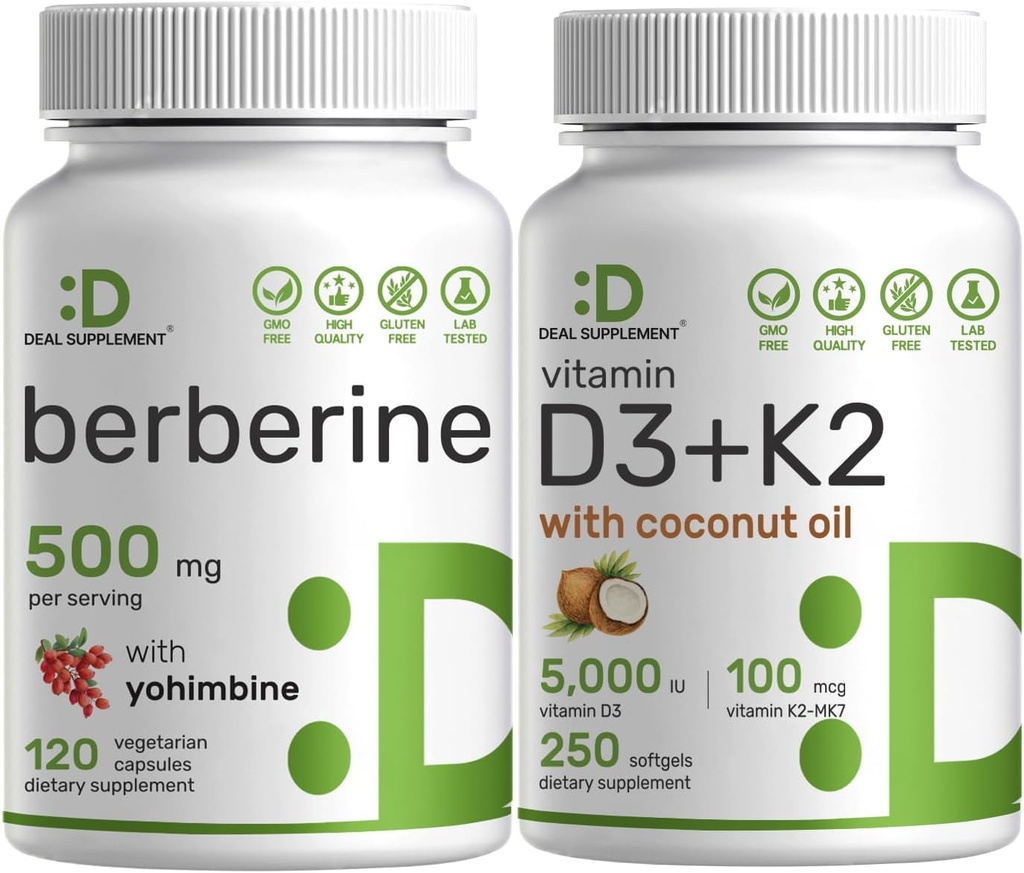 DEALの補足のビタミンD3 5000iu + K2 100mcgのSoftgels及びYhimbineの束とのBerberineの補足–高い吸収の塩酸塩HClの形態