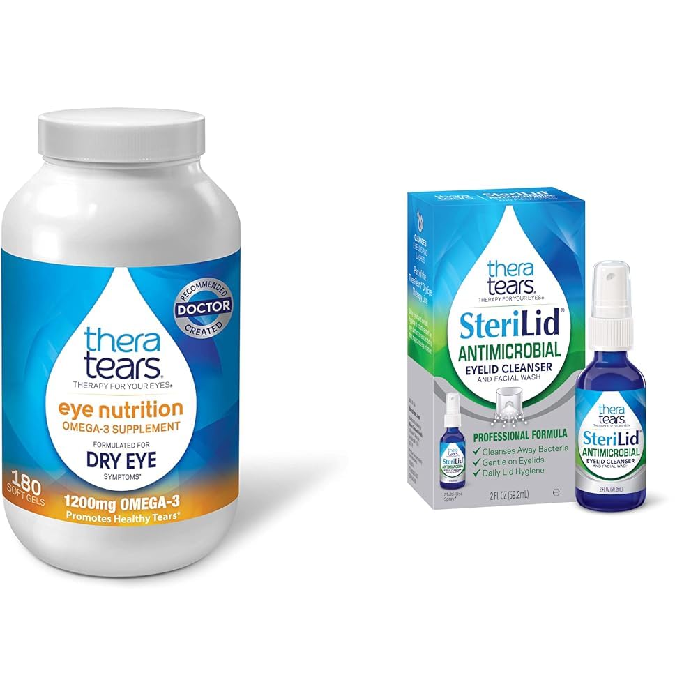 TheraTears 1200mg Omega 3 目の栄養のためのサプリメント, 有機フラクシードトリグリセリドフィッシュオイルとビタミンE, 180 カウント & SteriLidアイドクレンザーとフェイスウォッシュ, 点火の目, 2 fl ozスプレー