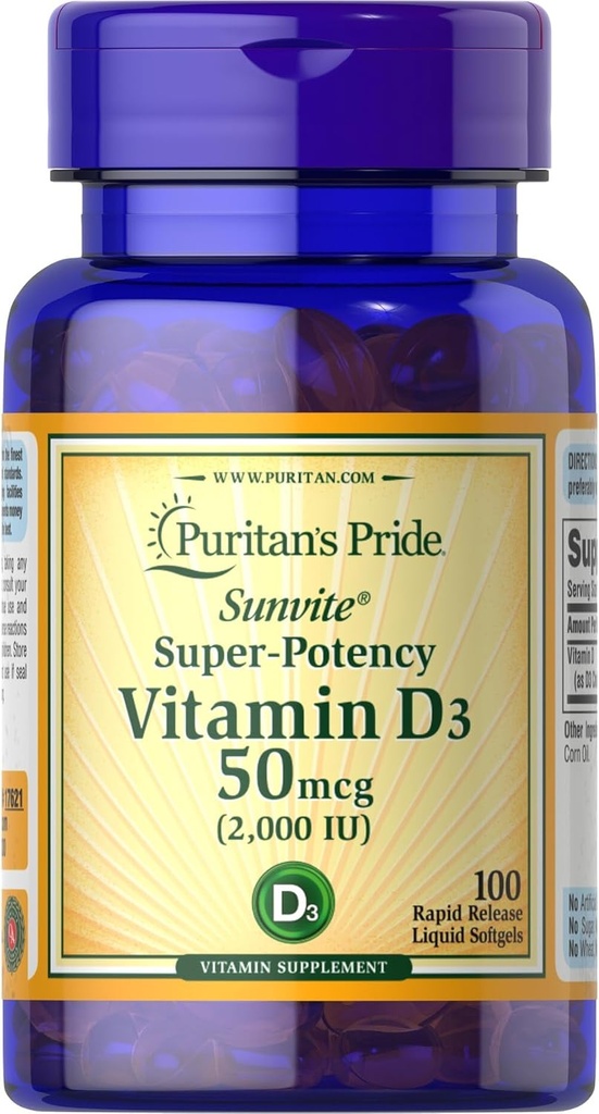 PuritanのプライドSunviteの極度の高い効力のビタミンD3 2000IU 100のSoftgels
