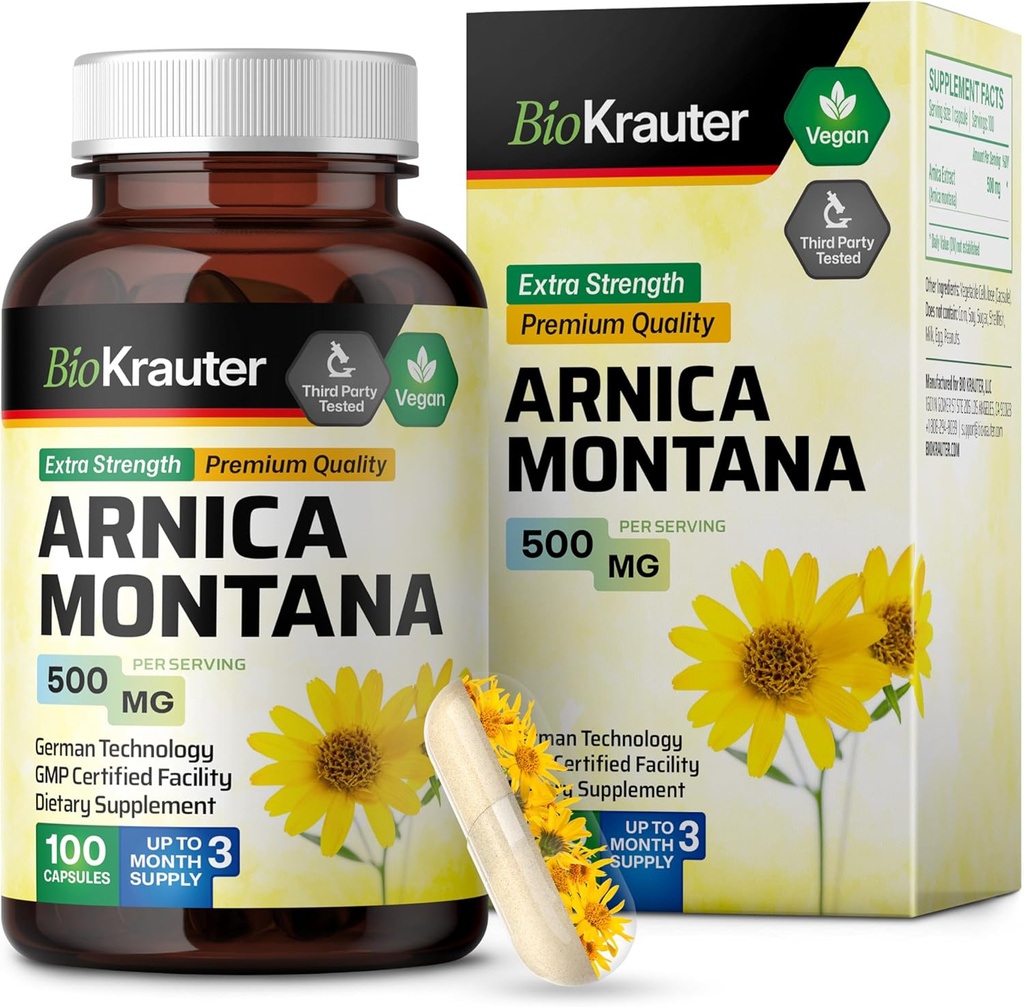 BIO KRAUTER Arnica Montana Capsules - 500 mg Arnica Capsules for Bruising and Swelling - Vegan - 100 Count