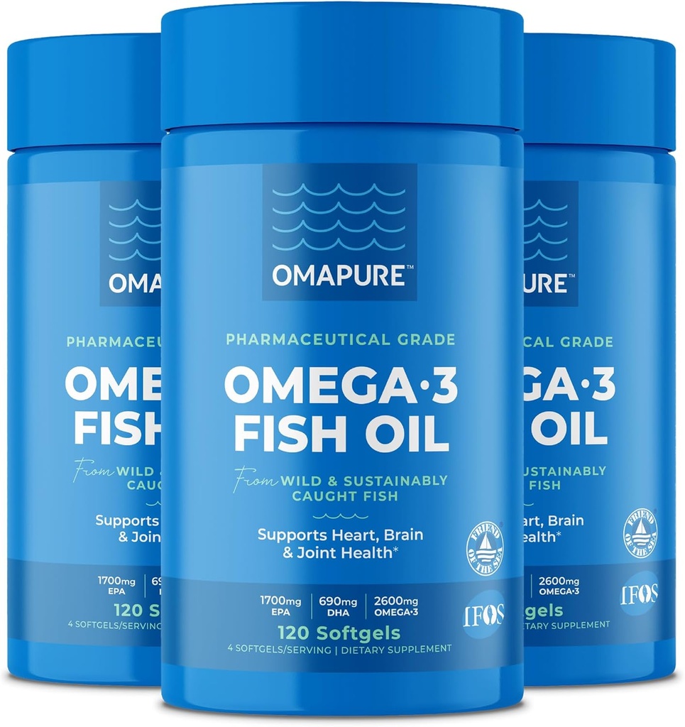 OMAPURE魚油はオメガ3脂肪酸(3ボトル、120ソフトゲル)と補う - 高EPA、DHA、およびIFOS魚油丸薬サポート心臓と関節の健康 - ビルプレス魚油は脳機能を促進します