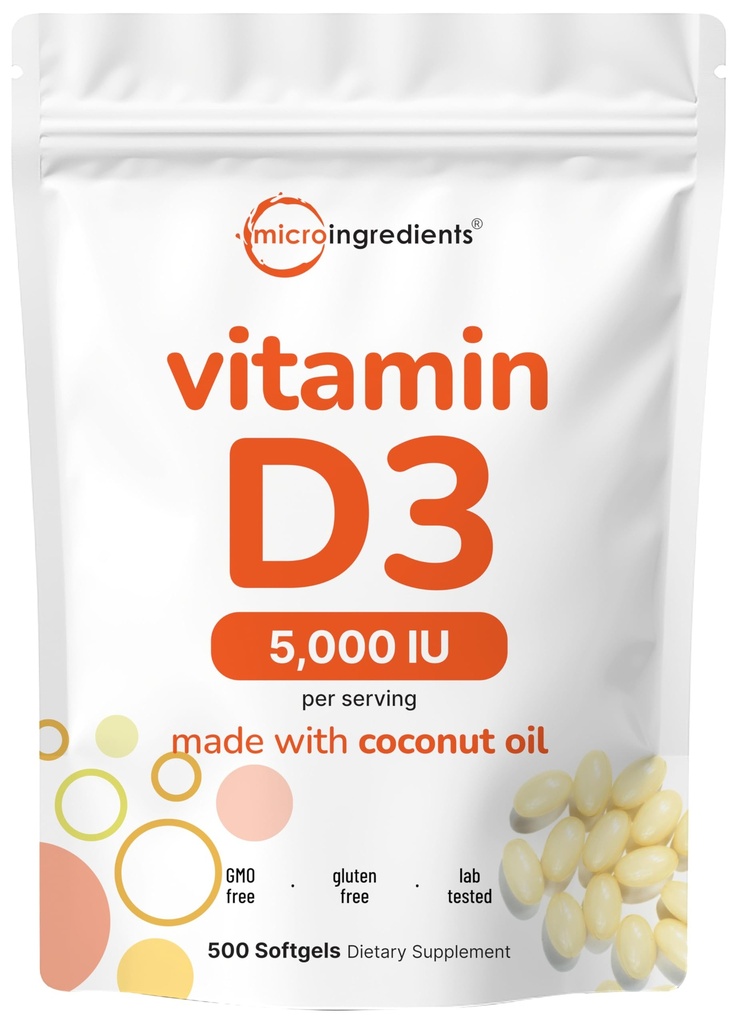 マイクロ成分 ビタミンD3 5,000 IU、500 Softgels | バージンココナッツオイル | コレカルシフェロールフォーム | 骨、免疫&ハートサポート | 飲みやすい、非GMO