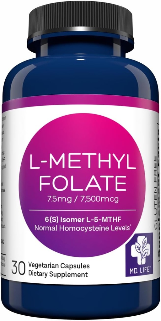 MD Life L-Methylfolate 7.5 mg Supplement - Professional-Grade Active L Methylfolate Supplement - 30 Capsules - L-Methylfolate 7.5mg - Maximum Potency MTHFR W/ Essential Amino Acids