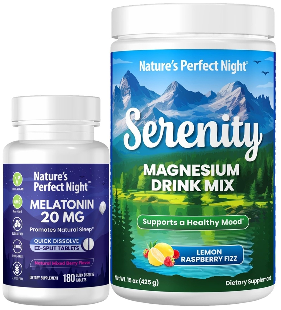 Nature's Perfect Night Melatonin 20mg クイックディスソルブ ミックスベリー 180 カウント セレンティ マグネシウムパウダー 15 oz レモン ラズベリー