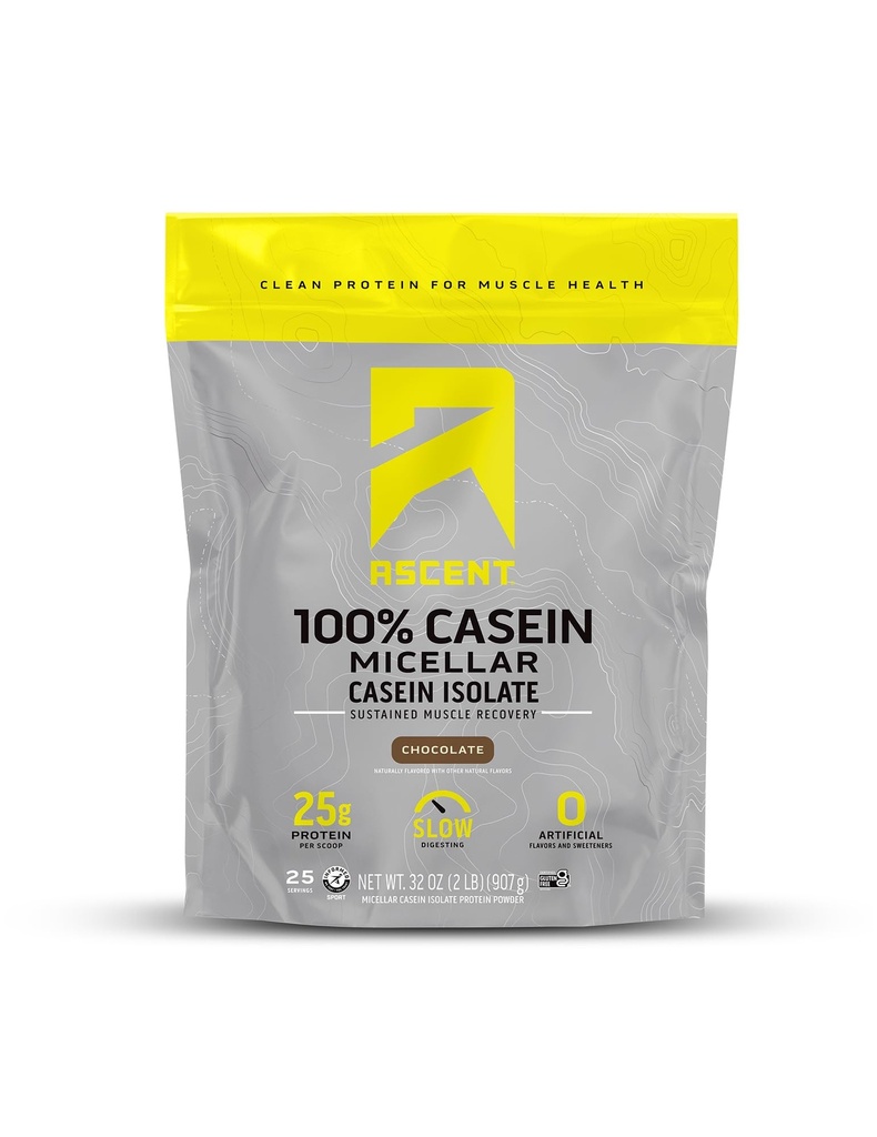 アスセントカゼインプロテインパウダー - ゼロ人工味と甘味料、グルテンフリー、砂糖なし、4.9g BCAA、2.2gロイシン - チョコレート、2ポンド