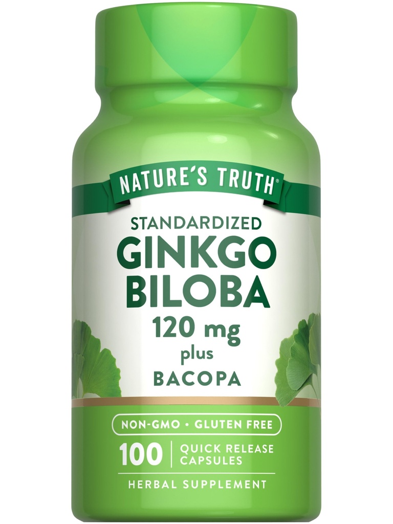 Nature's Truth Ginkgo Biloba 120mg | Plus Bacopa | 100 クイックリリースカプセル | 標準化エキス | 非GMOとグルテンフリーサプリメント
