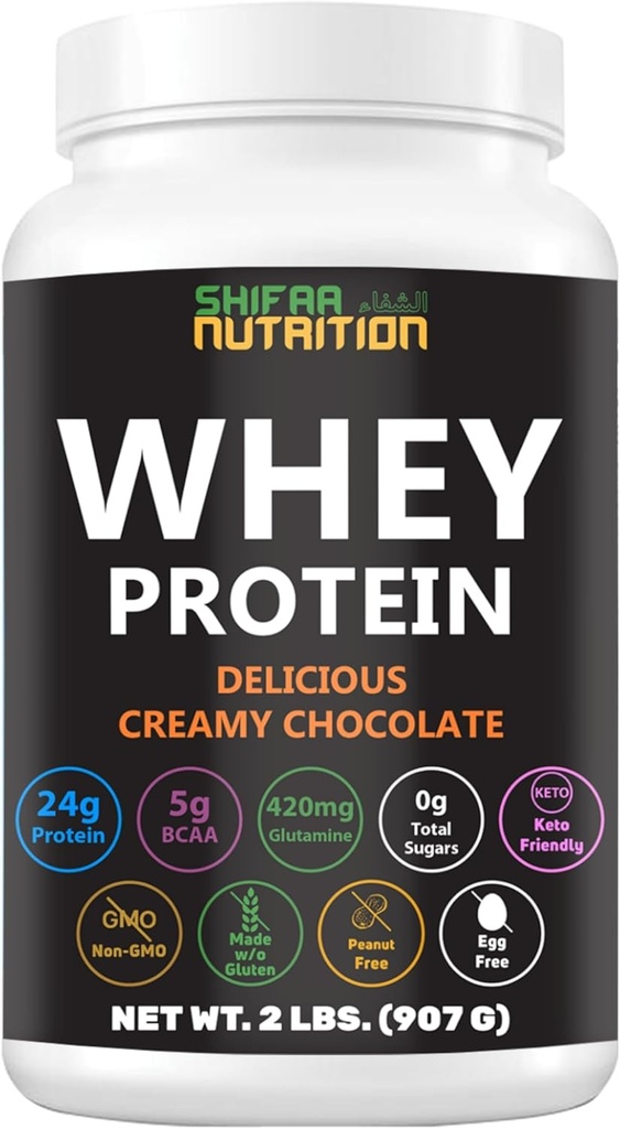 SHIFAA NUTRITION 2 Lbs Halal Whey Protein Powder Creamy Chocolate. 24g Protein, 5g BCAAs & 420mg Glutamine. for Building Lean Muscles & Recovery. Sugar-Free, Keto-Friendly, Gluten-Free, Non-GMO