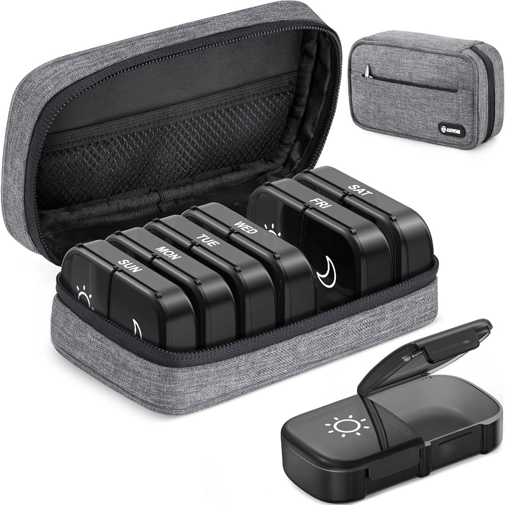 AUVON キャンバス バッグ XL 毎週ピル オルガナイザー 2 日を回します。, 旅行ピル ボックス 7 日 ワンサイド オープニングと, AM PM ピル ケース ポータブル 布 バッグ サプリメント, ビタミン, 魚油