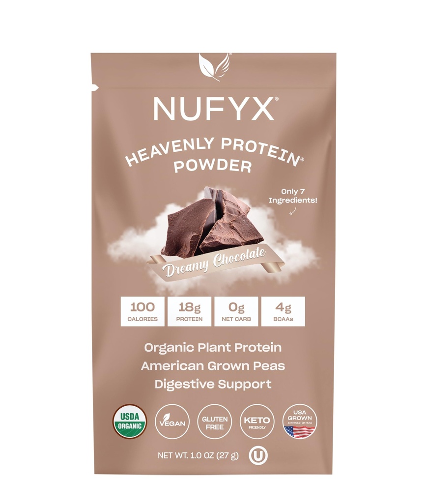 NUFYX® • 天国のプロテイン® パウダー • 世界で最も良い 100% オーガニック アメリカ 成長したエンドウ豆 • グルテンフリー • 低炭水化物 (夢のようなチョコレート, パケット)