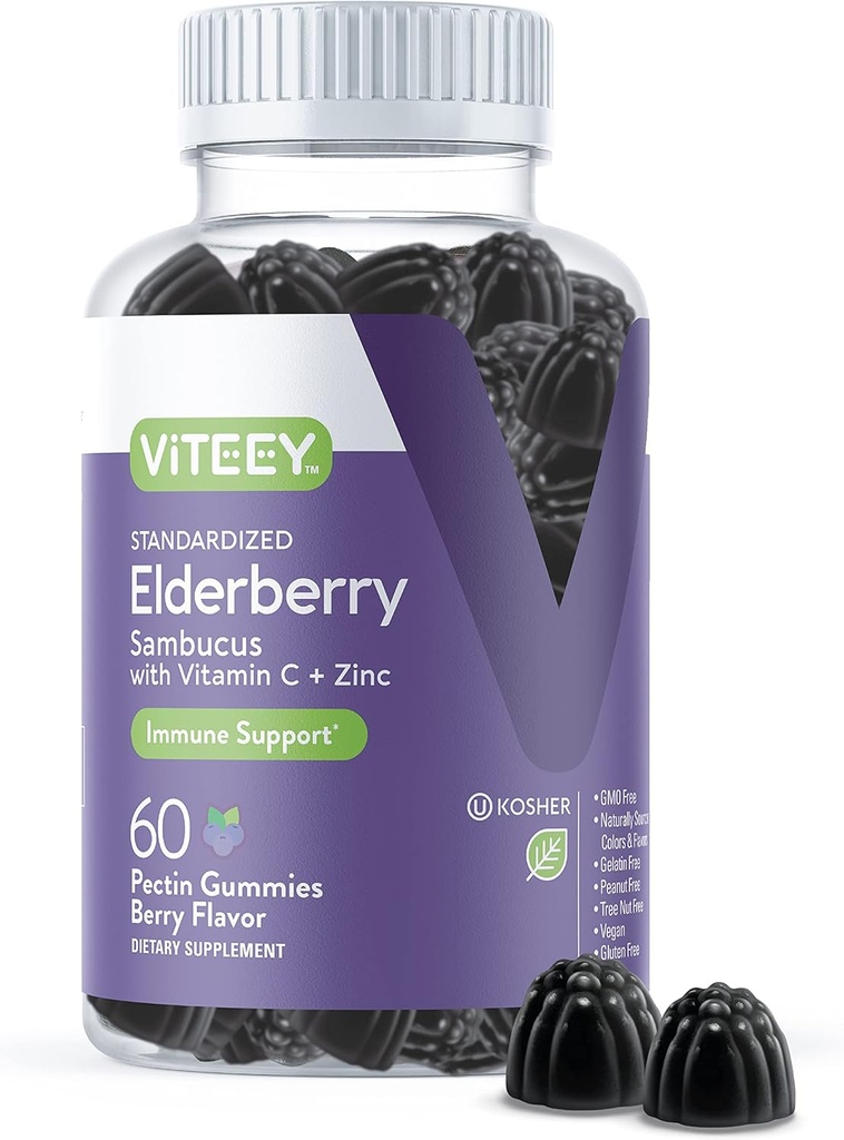 大人のViteey Sambucusエルダーベリーグミー - エルダーベリービタミンCと亜鉛免疫グミ - ビーガン、グルテンフリー - 60カウント