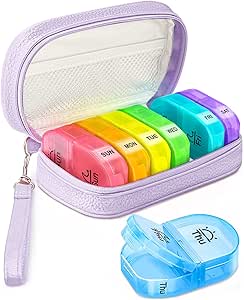 Cute Pill Organizer 2 Times a Day, PU Leather Pill Case for Women, Portable Weekly Pill Box for Purse with Storage Bag to Hold Vitamins, Medications, Fish Oils, Supplements (Purple)