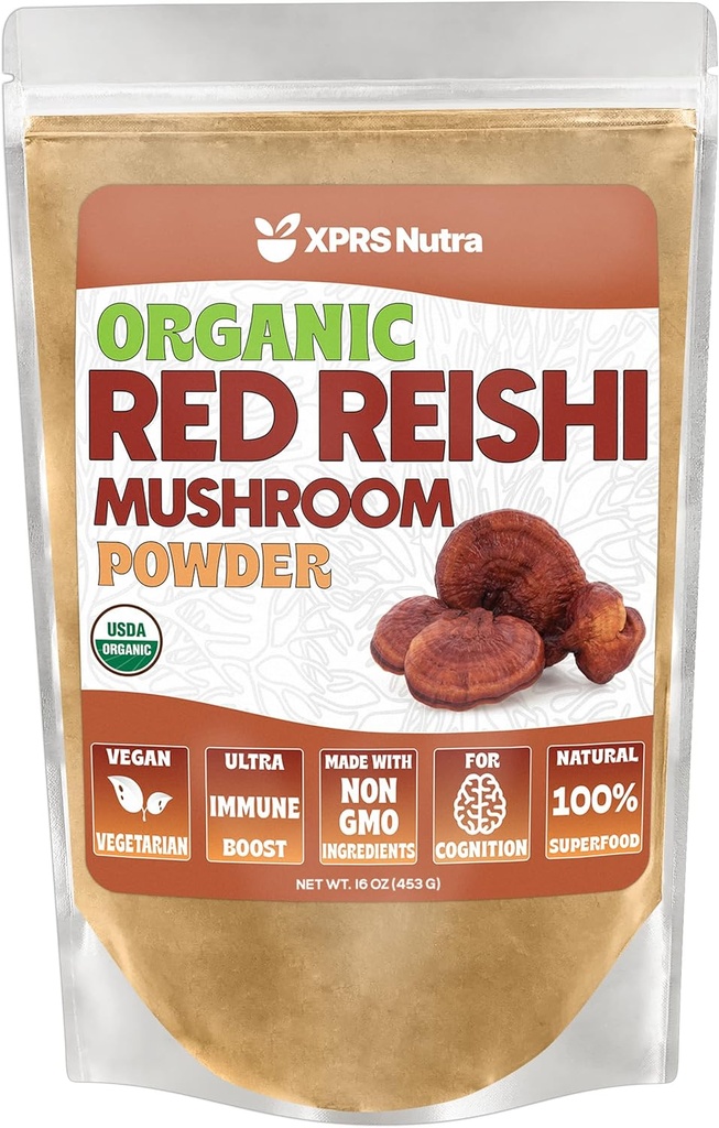 XPRS Nutraの有機性赤いreishiのきのこの粉 - 認知のための優れたreishiの粉 - 長寿とエネルギーのためのヴィーガンReishiのきのこ:16のOunce