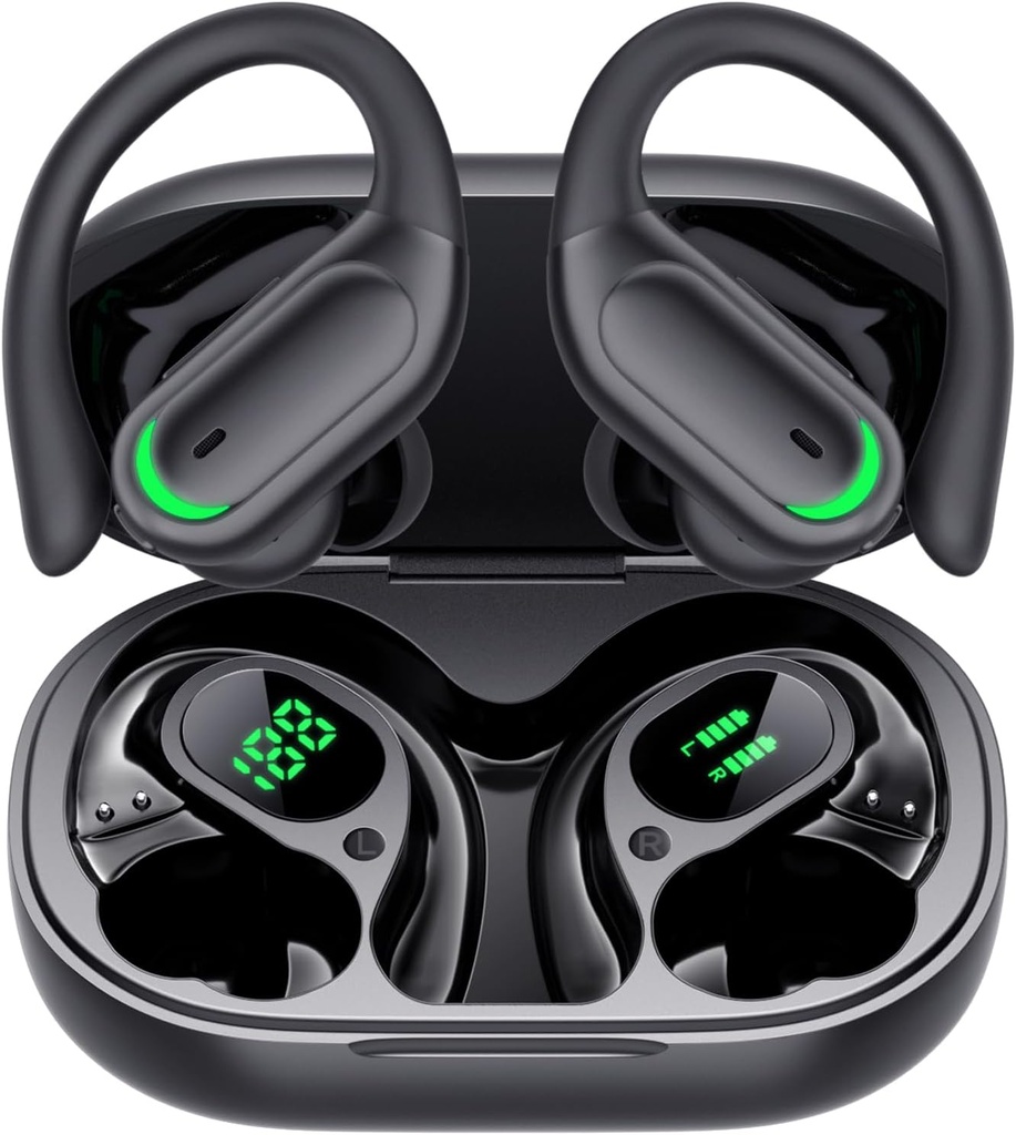 ワイヤレスイヤホン Bluetooth 5.4 ヘッドフォン、96時間プレイタイム、ワイヤレス充電ケースLEDディスプレイ、イヤーヘッドフォン、ENCノイズキャンセリング、ハイファイサウンド、IP7防水、スポーツワークアウト(ディープブラック)