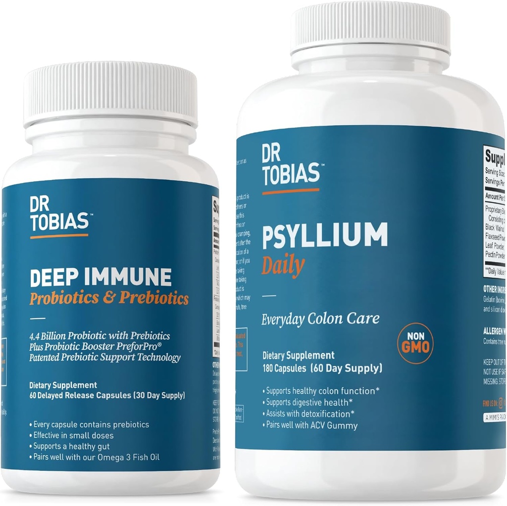 Dr. Tobias Deep Immune Probiotics & Prebiotics and Psyllium Dailyは、消化器の健康、Gut Immune Function、4.4でコロンの健康をサポートする毎日の繊維のサプリメントをサポートします。 ビリオンCFU