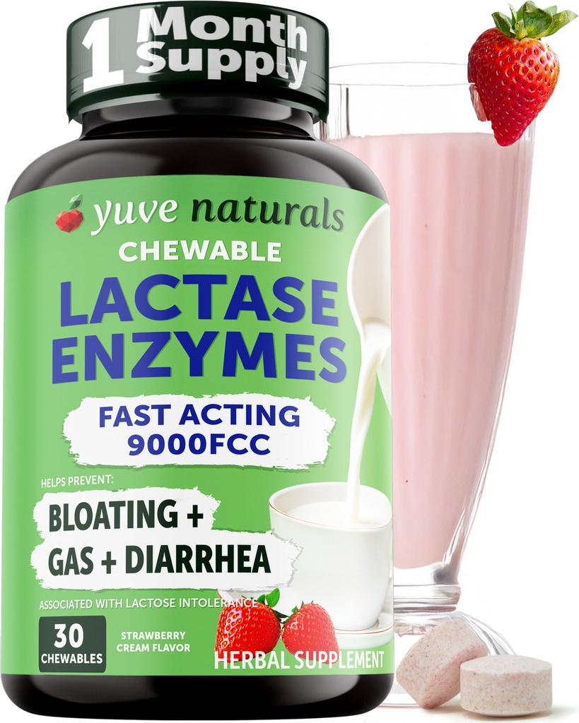 ユヴェンナチュラルファースト行動酪農救済おいしい咀嚼 - ラクターゼ酵素9000 FCC - 乳液不快感にGoodbyeを言いなさい - イチゴクリーム風味 - 30ct