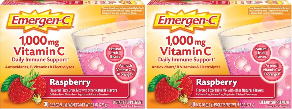 Emergen-C(30カウント、ラズベリー味、1000mgビタミンC、0.32オウンスパック、カフェイン無料1ヶ月供給栄養補助食品フィジードリンクミックス)