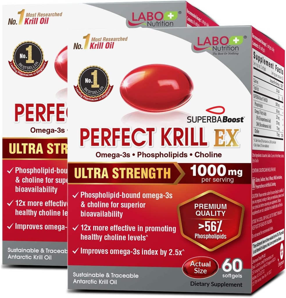 LABO Nutrition Perfect Krill EX、1000mg アントカルクレールオイルオメガ3 EPA DHA、最も高いリン脂質(56%)以上、コリン、アスタキサンチン | ハート脳眼関節健康、米国製、60 SoftgelsX2