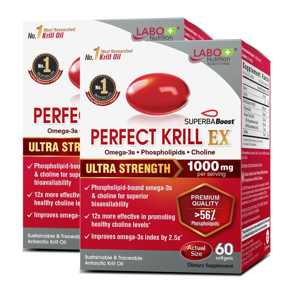 LABO Nutrition Perfect Krill EX、1000mg アントカルクレールオイルオメガ3 EPA DHA、最も高いリン脂質(56%)以上、コリン、アスタキサンチン | ハート脳眼関節健康、米国製、60 SoftgelsX2