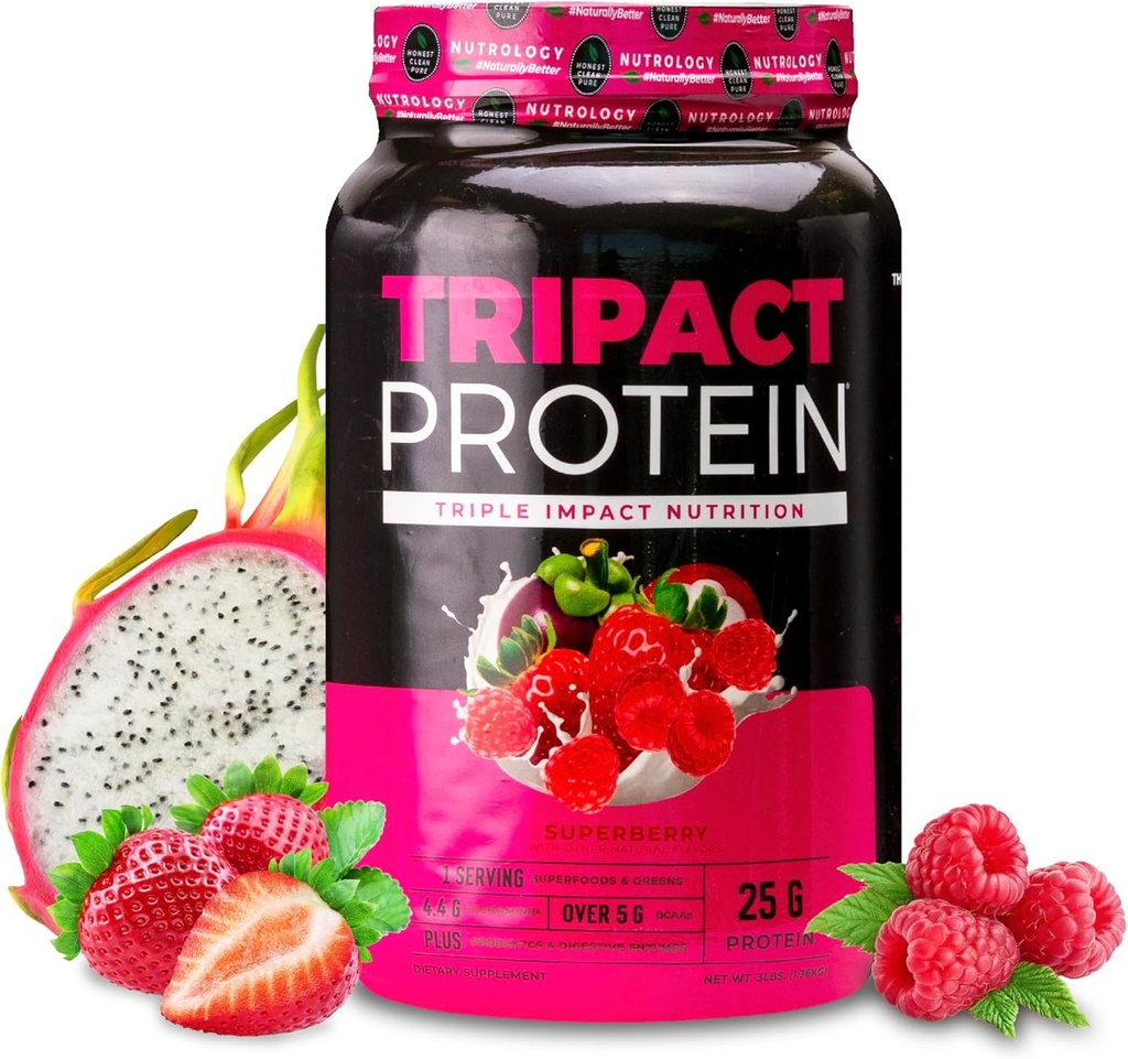 Nutrology の TRIPACT の蛋白質の粉 - 草 Fed の乳蛋白質の粉、エンドウ豆、米、筋肉回復のための緑及び免除、スーパーベリーの味、40 のサービングが付いている 7 インチ 1 食事の取り替えのシェイク