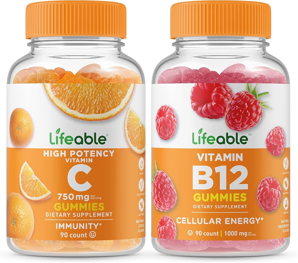 通気性ビタミンC 750mg +ビタミンB12、グミーズバンドル - 偉大なテイスティング、ビタミンサプリメント、グルテンフリー、GMOフリー、Chewable Gummy