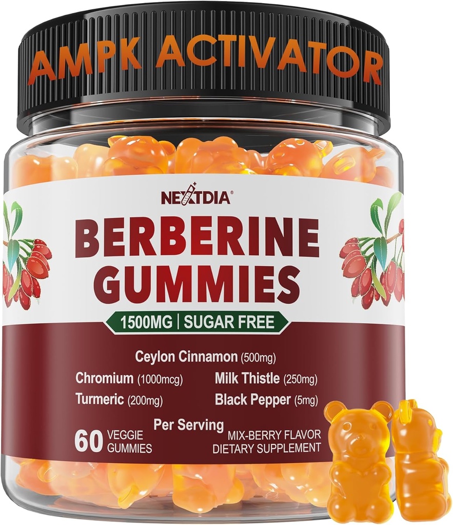 Berberine Gummies 1500mg 砂糖無料, オーガニック Berberine サプリメント w/Ceylon Cinnamon, クロム, ターメリック, バランスの取れたメタボリズムのためのミルクアッテル, インドのバーベリー エキスから Berberine HCl, ビーガン 60 Cts