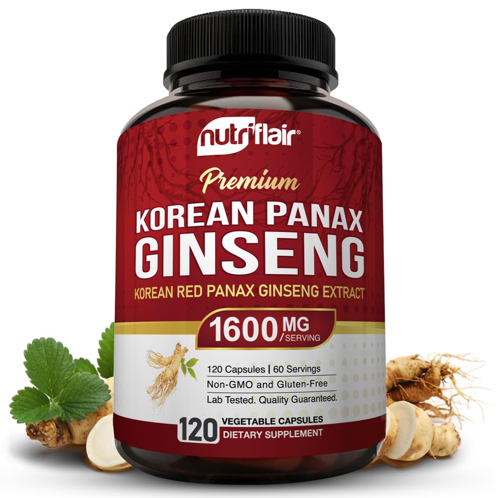 NutriFlair Korea Red Panax Ginseng 1600mg – 120 ビーガンカプセル | 5% ジンセノシド | 非GMO、グルテンフリー | 天然エネルギー・フォーカスサポート | アメリカ製