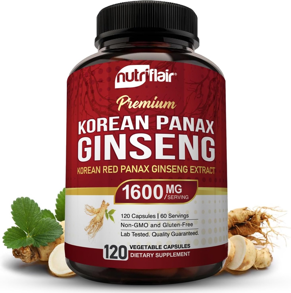 NutriFlair Korea Red Panax Ginseng 1600mg – 120 ビーガンカプセル | 5% ジンセノシド | 非GMO、グルテンフリー | 天然エネルギー・フォーカスサポート | アメリカ製